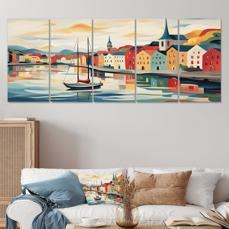 Islande, Reykjavik paysage II - port côtier, ensemble 5 pièces d'art mural, H 28 po x l 60 po