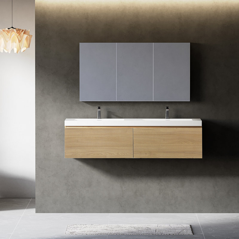 Meuble-lavabo de salle de bain flottant 60 po avec lavabo 60 po, meuble de rangement mural moderne rayé avec tiroirs à fermeture en douceur et double cuve à quartz, 24V16-60WAB