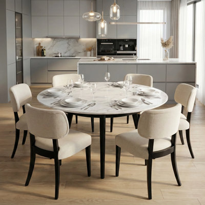 Ensemble de 6 chaises de salle à manger rembourrées confortables avec pieds en bois noir, chaises de cuisine de campagne avec dossier incurvé pour la salle à manger, beige