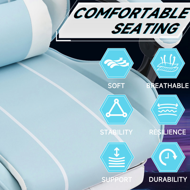 Fauteuil de jeu ergonomique en cuir bleu avec réglage, capacité de 150 kg, superbes coutures, revêtement en cuir.