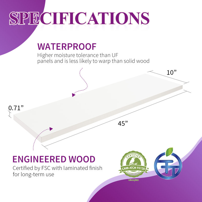 45Inch Cipolla For Wall 10" D X 45" W Set Of 2, White, White, 45'' W X 10'' D