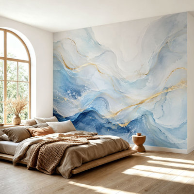 Papier peint adhésif autocollant abstrait bleu fluides, plage côtière, océan, tourbillonnant, motifs, papier auto-adhésif amovible, décoration murale pour salon H 69 po x l 96 po