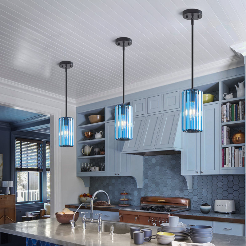 Llinos - Luminaire suspendu pour îlot de cuisine pour salle à manger et couloir, Bleu clair, Noir, 3
