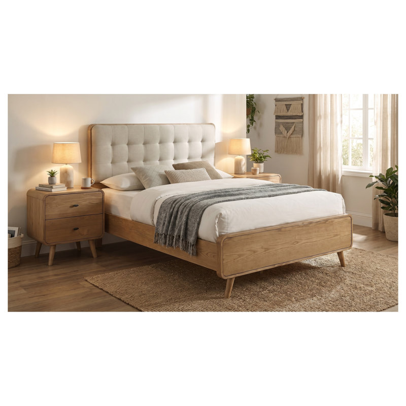 Ensemble de chambre à coucher 3 pièces Wren Light Ash Queen avec lit capitonné et tables de chevet