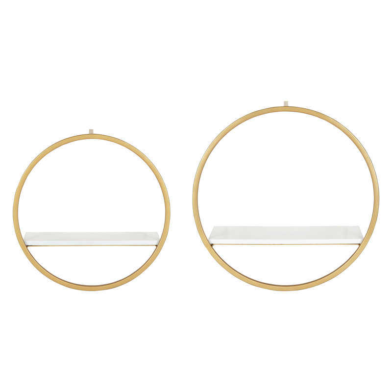 Eugine 2 Piece Circle Metal Accent Shelf, White/Gold