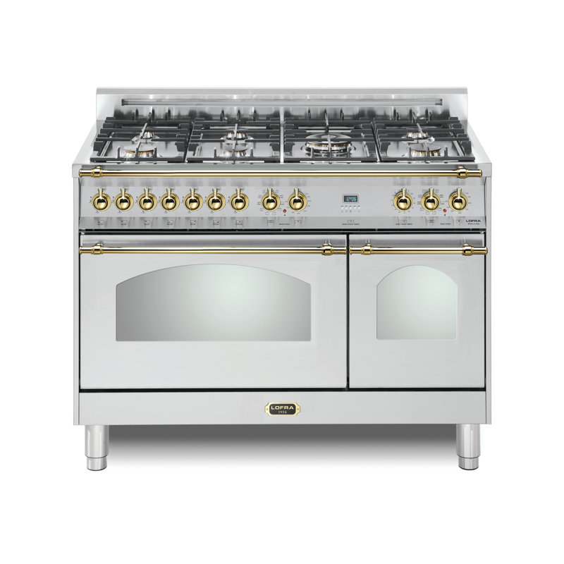 Cuisinière à double combustible de 48 pouces avec 7 brûleurs en laiton scellés Lofra Dolcevita Series, Lavande / laiton