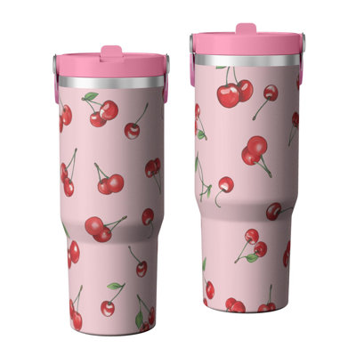 30 oz Tumbler  with Lid and handle  Stainless steel  Insulated tumblers  Cute water bottle with Flip(cherry pattern)