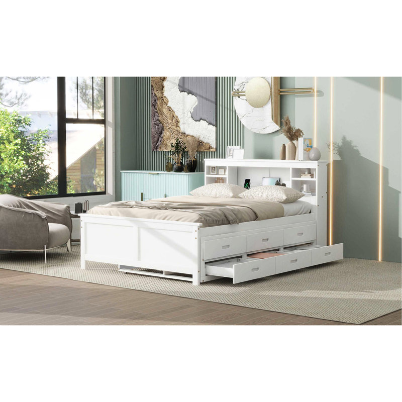 Lit plateforme avec rangement tête de lit et lit gigogne simple - double, 3 tiroirs, lit gigogne en bois massif blanc