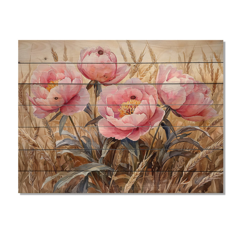 Pivoines dans le champ de blé III - Décoration murale en bois de pivoines - sur bois de pin naturel, H 34 po x l 44 po