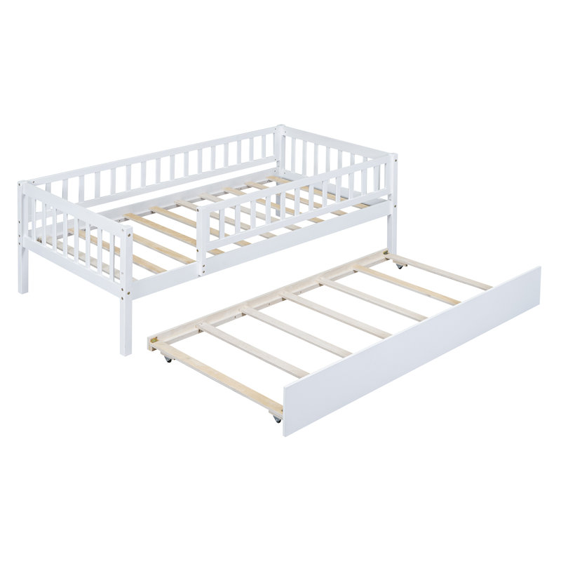 Twin Size Wood Daybed With Trundle And Fence Guardrails, White, Twin, White