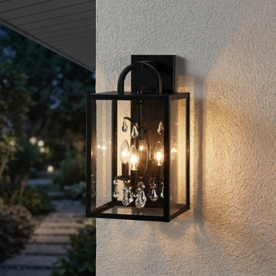 3-Light 19" Outdoor Wall Lantern with Clear Glass and Crystal Accents