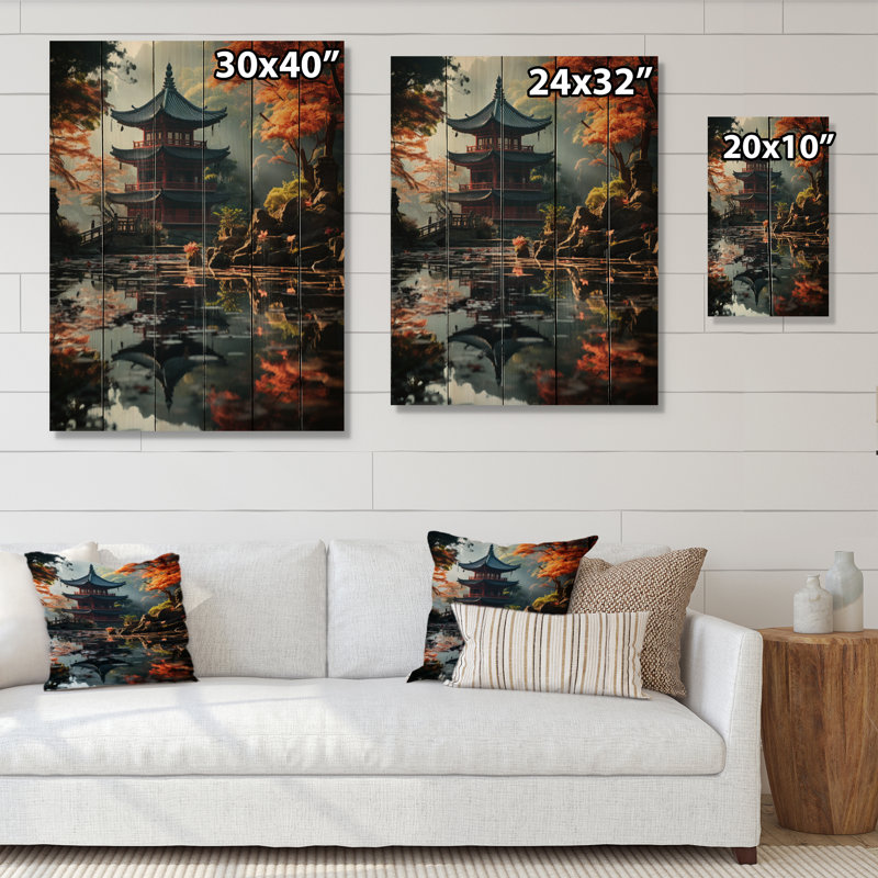 Art asiatique, pagode sereine IX - reproduction asiatique sur bois de pin naturel, H 40 po x l 30 po x P 0,78 po
