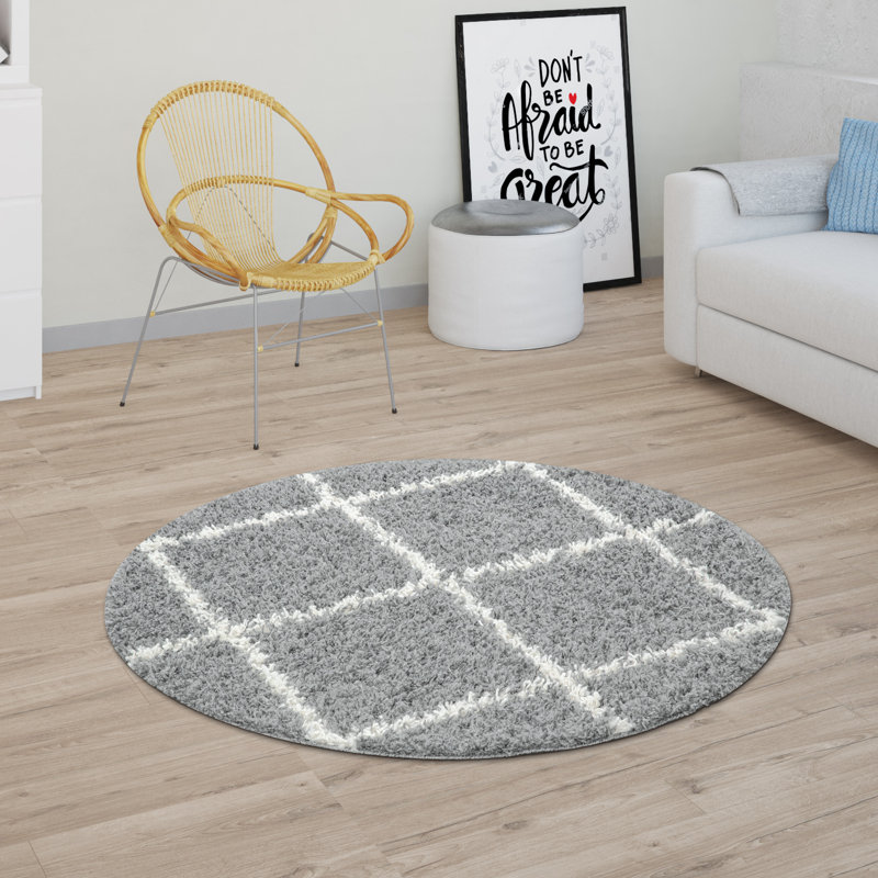 Tapis gris à poils longs Glaucia, Rond 3 pi 11 po