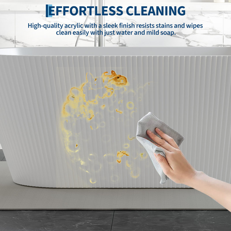 Baignoire autoportante nervurée en acrylique - Baignoire de trempage à texture verticale certifiée cUPC de 67 pouces, drain chromé, baignoire autoportante moderne pour remodelage de salle de bain (67 pouces, blanc)