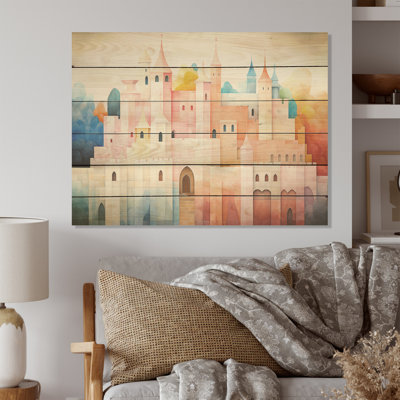 Bold Pink Pastel Castle - Castles Wood Wall Art On Natural Pine Wood