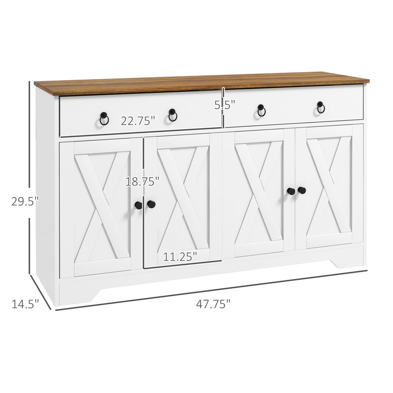 Buffet avec rangement, armoire de rangement pour cuisine 48 po avec 2 tiroirs et 4 portes de grange, armoire à café avec tablettes réglables, bois