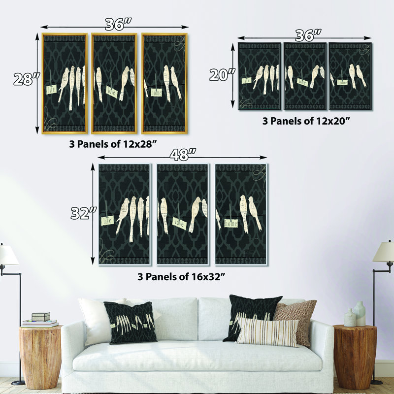 «French Bird Flea Market II», peinture sur toile 3 pièces, H 28 po x l 36 po, Noir