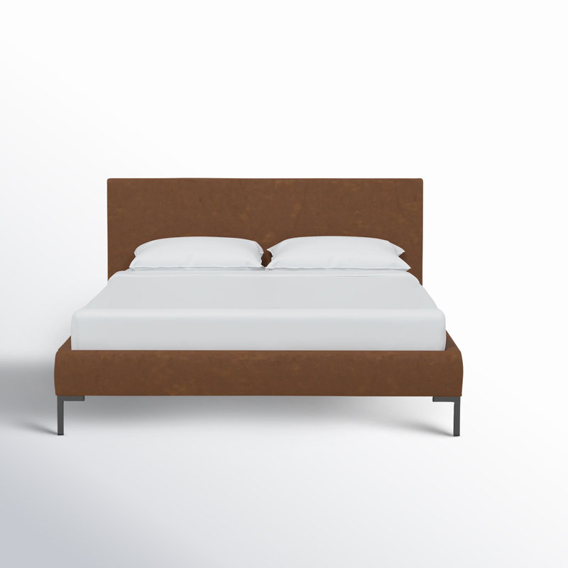 Rand Upholstered Platform Bed, Full, Black Wood, Distressed Saddle Brown Performance Faux Leather
