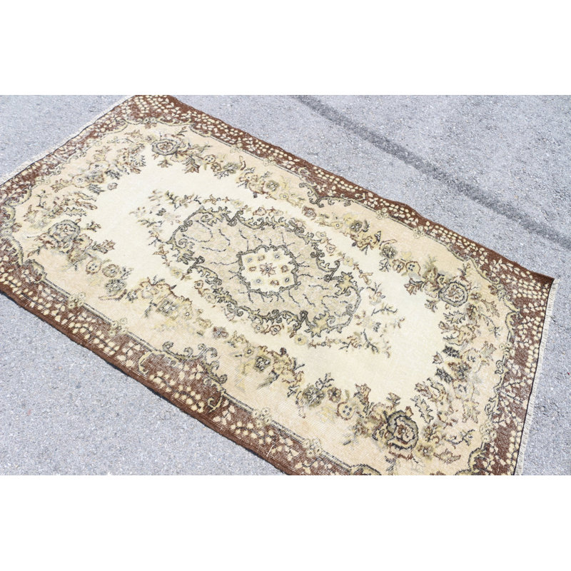 Tapis turc unique fait à la main avec motif floral beige brun - Revêtement de sol en laine pour la décoration intérieure