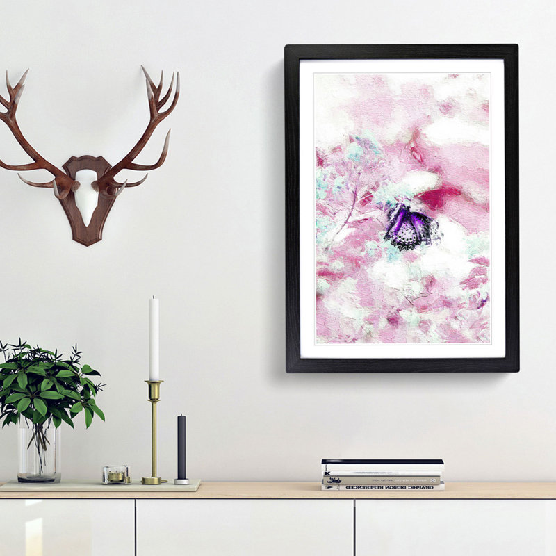 A Butterfly Upon A Flower In Abstract - Single Picture Frame Painting, 63cm H x 45cm W x 2cm D, Black Framed