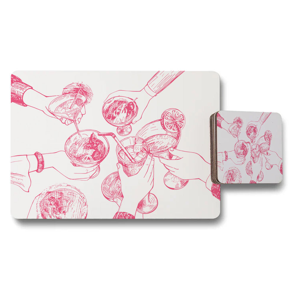Pink Drink Toast Illustration Placemat And Coaster Set For Dining Table