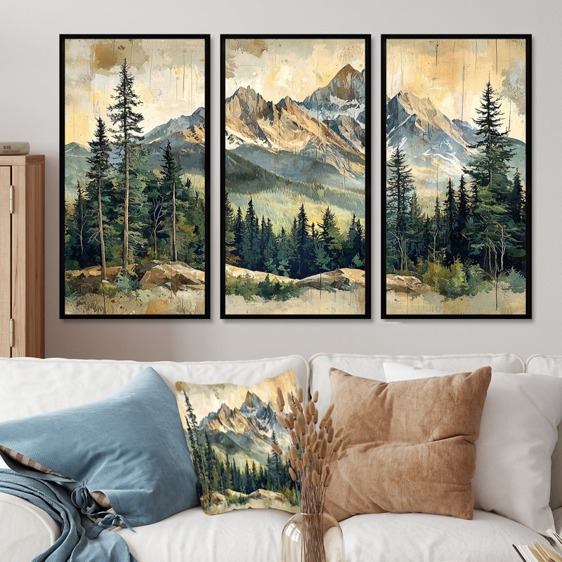 Paysage de montagne en montagne I - Art mural montagnes - ensemble de 3, H 40 po x l 60 po, Noir