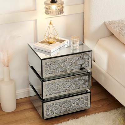 Mirrored Bedside Nightstand, Modern Side Table With 3 Drawers,  Accent End Table With Crushed Diamonds For Bedroom, Dorm And Living Room, 17.7"W X 13.8"D X 23.6"H