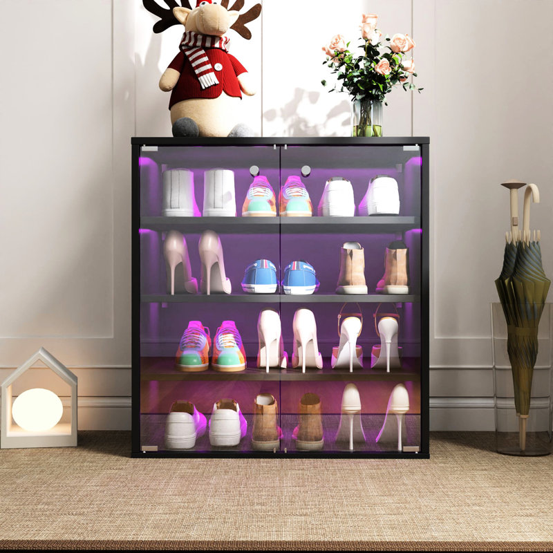 Rangement pour chaussures avec DEL et matériaux - Boîte en bois empilable à 4 niveaux, Noir