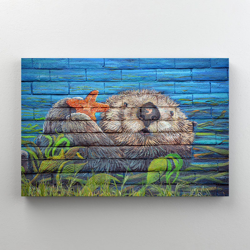 Une loutre de mer tenant une étoile de mer sous la mer, art sur toile tendue, H 16 po x l 20 po x P 2 po