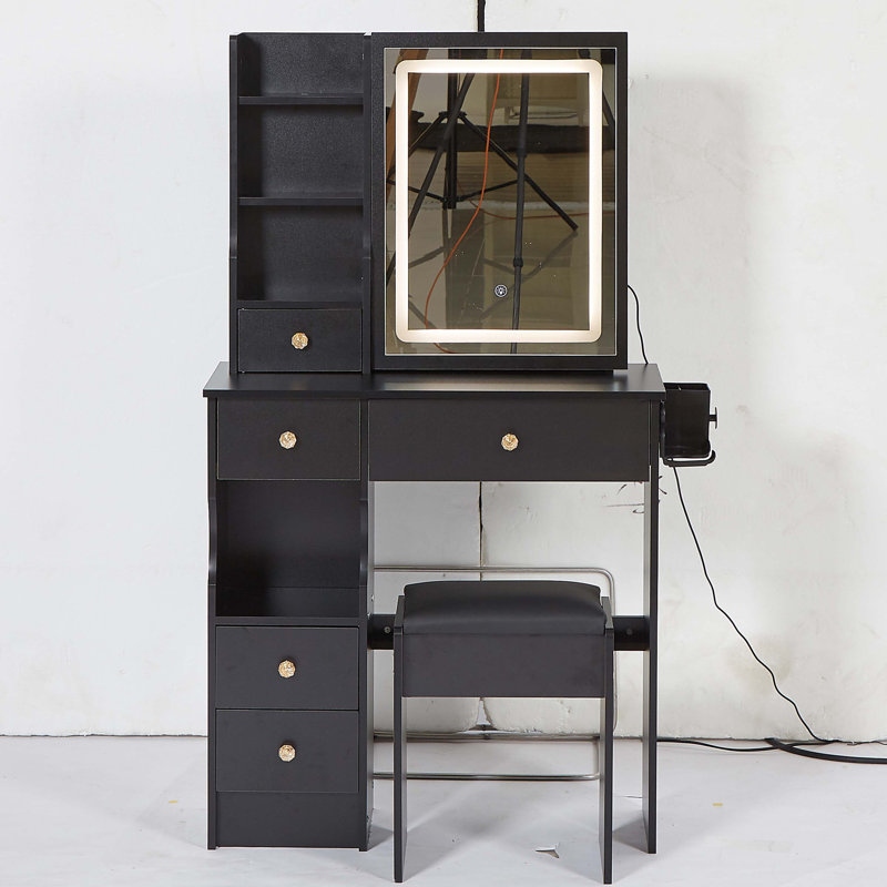 Small Size Left Drawer Desktop Vanity Table + Cushioned Stool, 2 AC+2 USB Power Station, Hair Dryer Bracket, Extra Large Touch Control Sliding LED Mirror, Tri-Colour Switching, EPA,GCC,UL Certificate