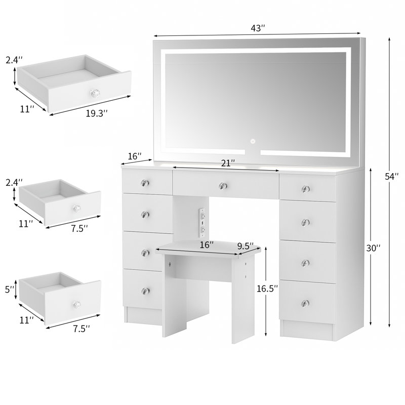 Vanity Set With LED Mirror & Power Outlets, 9 Drawers with Diamond Handles