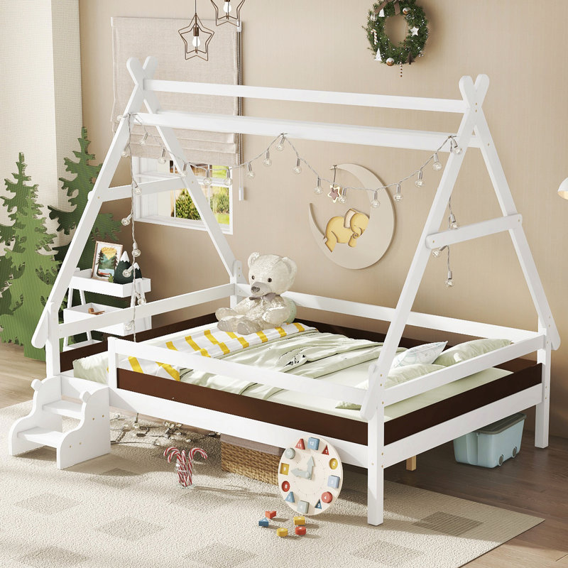 Lit plateforme double avec escalier, structure de lit simple en bois massif, profil bas et conception amusante pour enfants