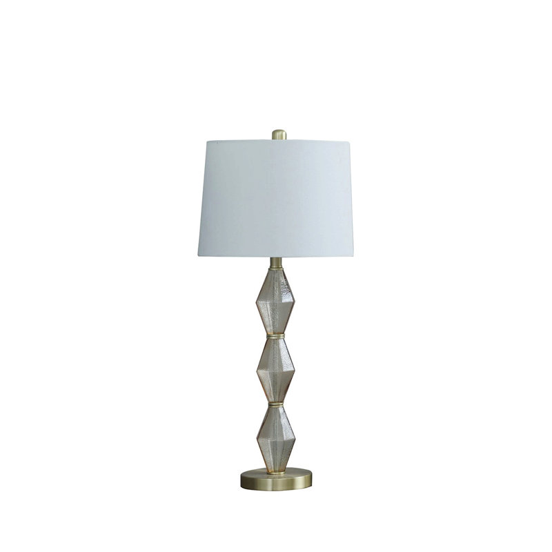 Lampe de table moderne Clyvera avec verre texturé ambré et accents dorés brossés, Métal, Coton, Or brossé