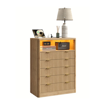 Tall Krupp With Charging Station, LED Night Stand With 5 Storage Drawers, Open Shelf, Dresser For Bedroom, Living Room, Hallway