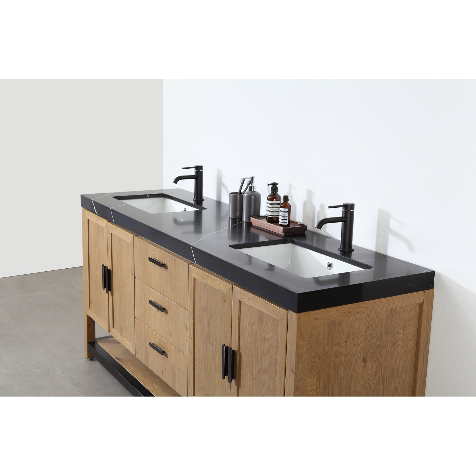 Winchester 72" Double Bathroom Vanity, Black, Pecan Oak