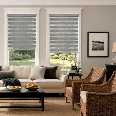 Pro Cordless Zebra Roller Shades Dual Layer Light Control Blinds, Free-Stop Window Blinds Light-Proof Aluminum Cover & Easy Installation, Gray, 34.5" W x 75" H