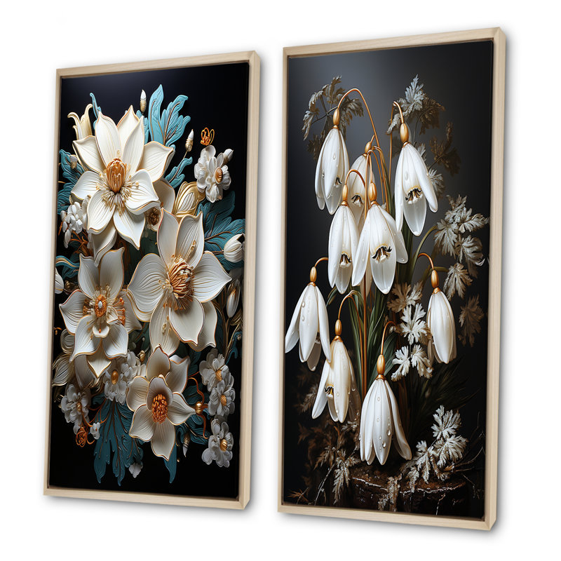 Gilded Frost Snowdrops en or - ensemble de 2 impressions sur toile Snowdrops, Encadrement brun, H 28 po x l 25 po