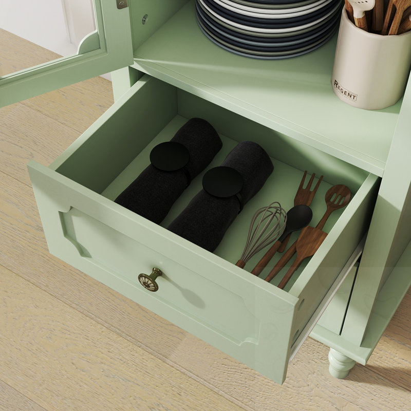 Buffet minimalisme avec portes en verre et double tiroir, Vert menthe
