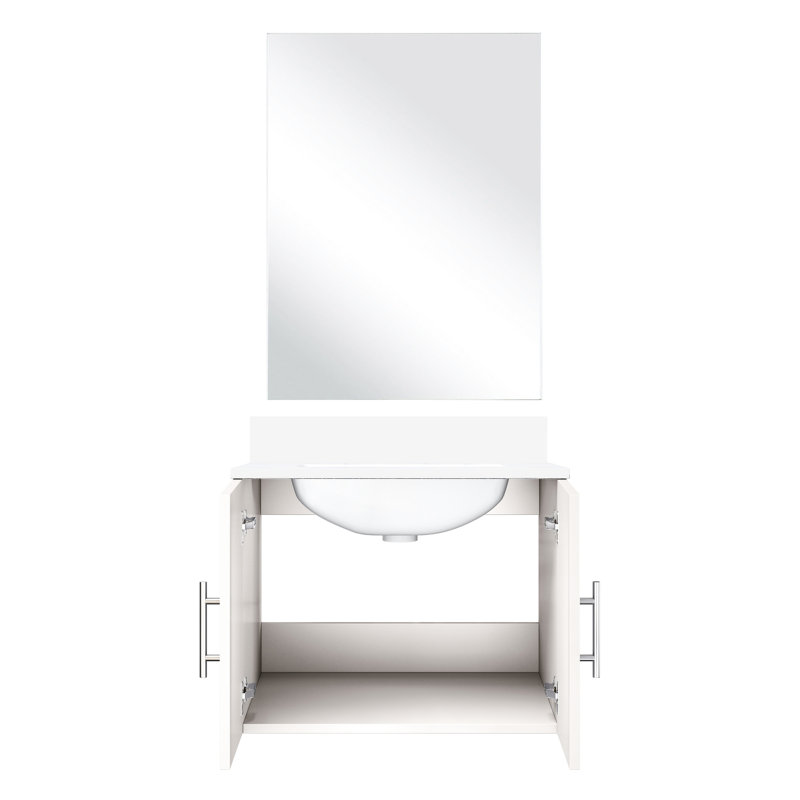 Meuble-lavabo 24 po avec comptoir en quartz Scratch et teinture miroir incluse, Blanc lustré