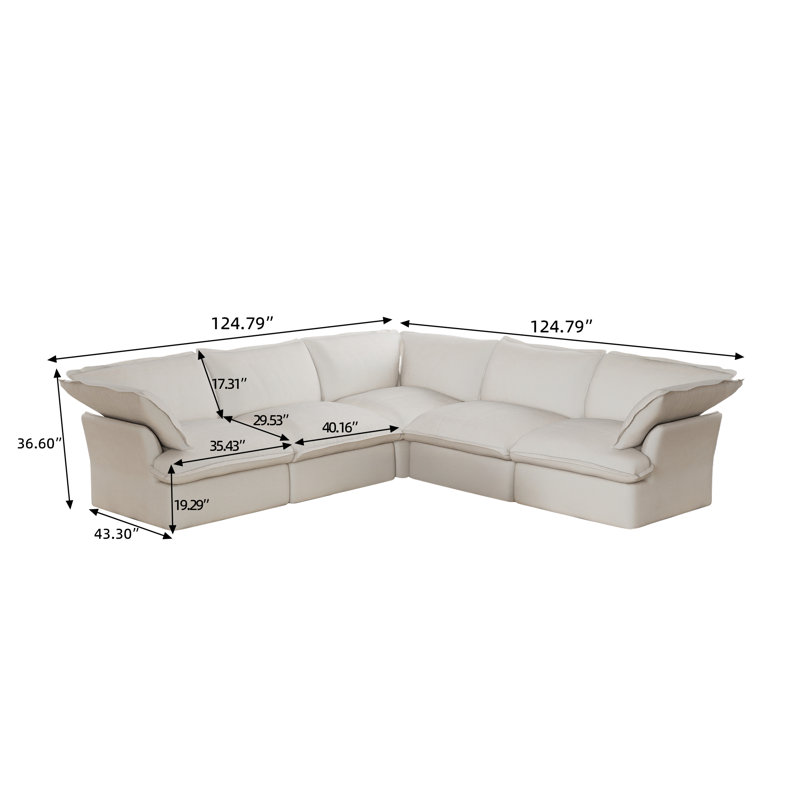 5-Piece Upholstered Modern Corduroy Fabric Sectional, White