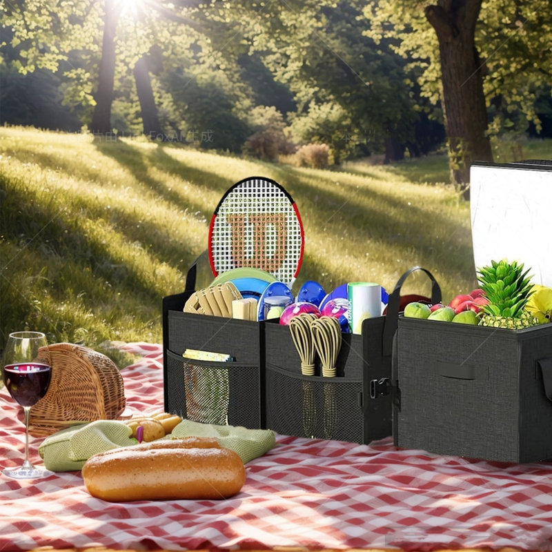 Panier de pique-nique avec sac isotherme et 4 compartiments pliables, noir