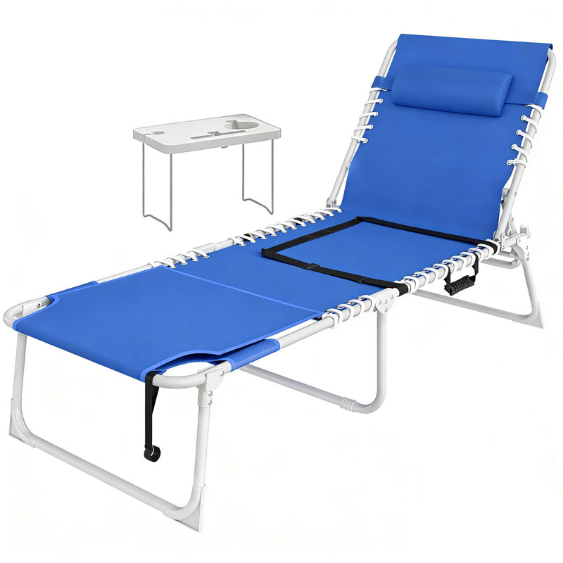 Folding Chaise Lounge Chair,outdoor Tanning Chair With Side Table, 5-level Adjustable Beach Lounge Chair With Headrest, Side Pocket For Patio, Backyard, Beach, Poolside