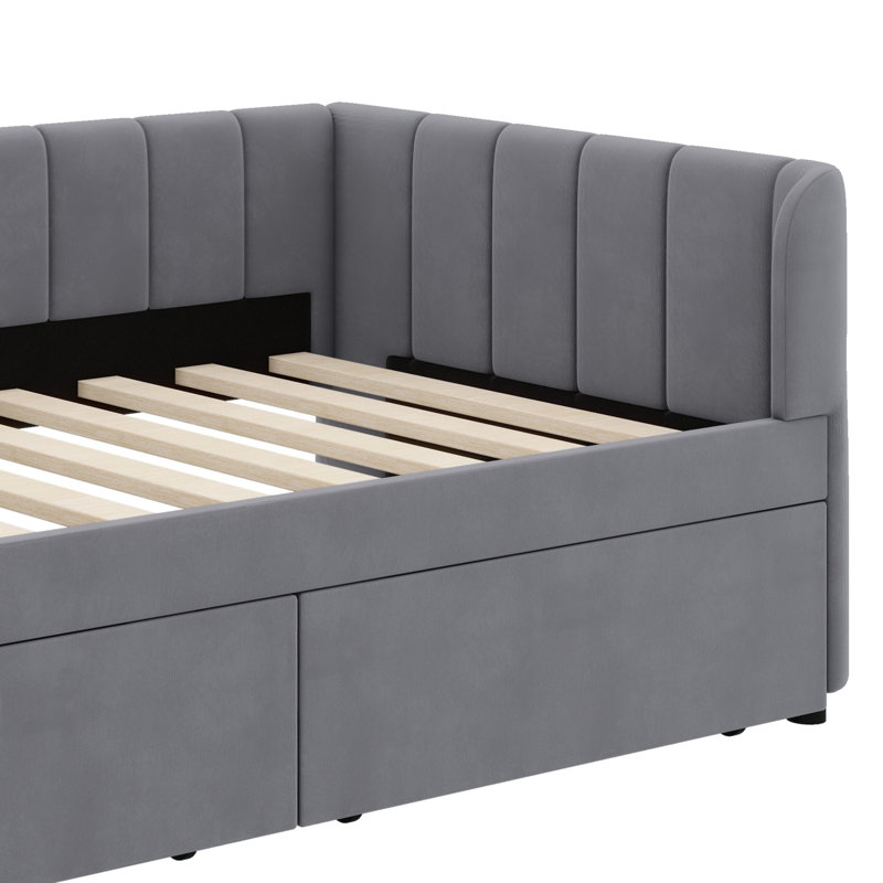 Lit de jour rembourré avec dossier ergonomique et 2 tiroirs, Gris