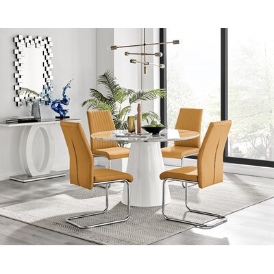 Edward Statement Marble Effect Pedestal Dining Table Set with 4 Faux Leather Upholstered Dining Chairs -  East Urban Home, EC53699470014425809C2753B36617D5
