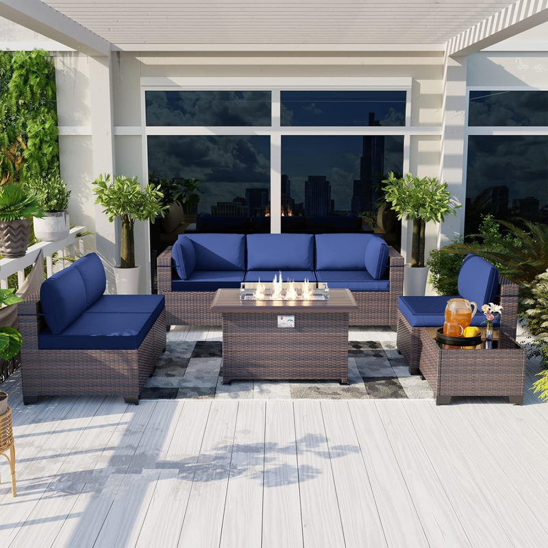 Yasmina 8-Pieces All-Weather Wicker Outdoor Conversation Sets With 55,000 BTU Fire Pit Table And Cushions, Navy