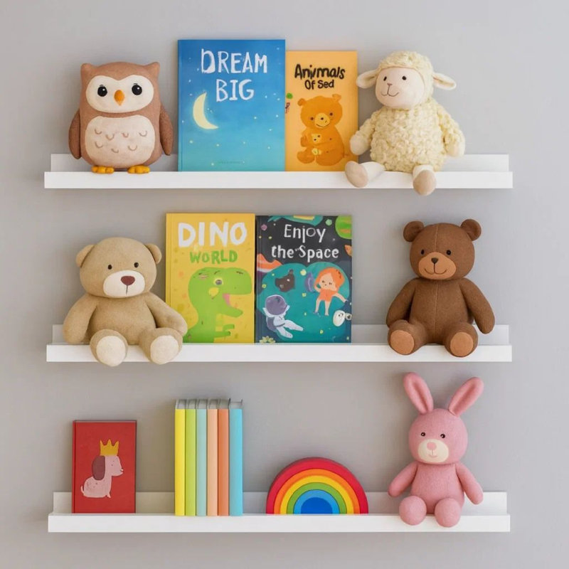 4Pc Wall Mounted Floating Display Shelf Set, High Gloss White Wood