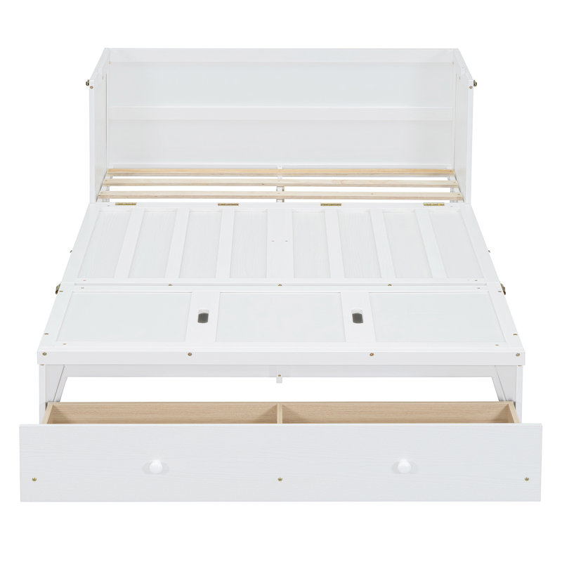Lit escamotable avec port USB et grand tiroir, Lit double, Blanc