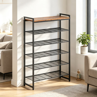 6 Tier Shoe Rack Organizer for 24-30 Pairs, Tall Metal Shoe Storage Shelf with Wood Top, Adjustable Boot Space, Narrow Design for Entryway Closet, Rus