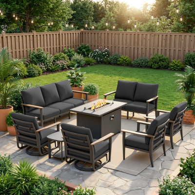 9-Person Aluminum Outdoor Patio Conversation Set With Fire Pit Table, Swivel Rocking Chairs, Wood-Look Armrests & 5.12" Thick Cushions