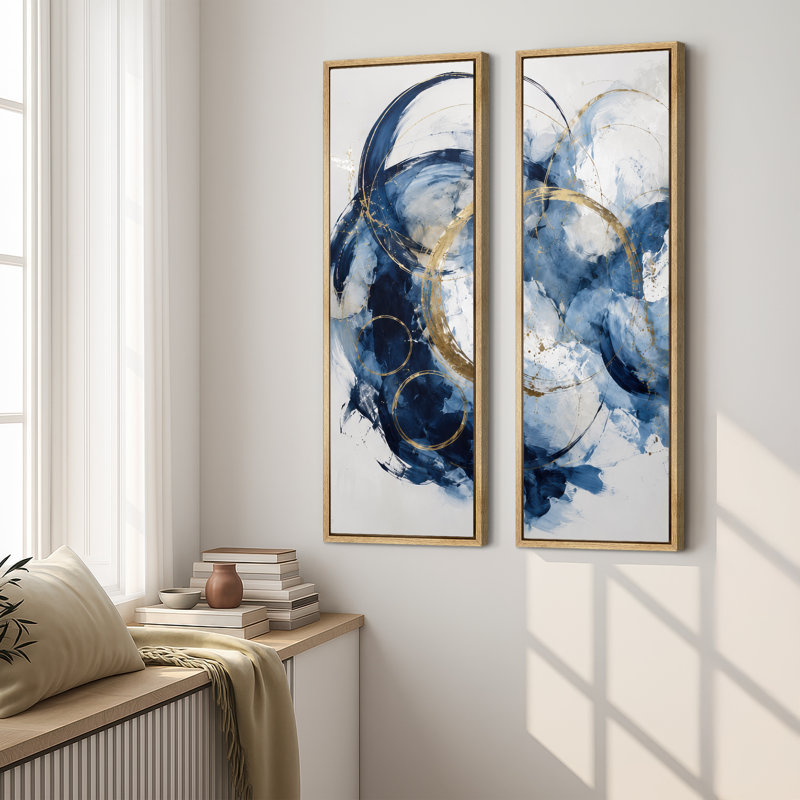 Cercle fluide abstrait bleu marine et or – Ensemble de 2 impressions d'art murales encadrées sur toile 60" x 20" x 2